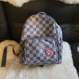 Checkerboard Mini Backpack with Smiley Patch - Blue Gray